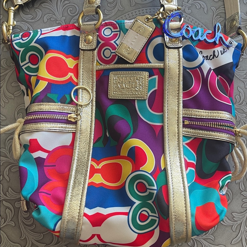 Coach Colorful Patterned Crossbody Bag with Gold Trim. 3 piece set